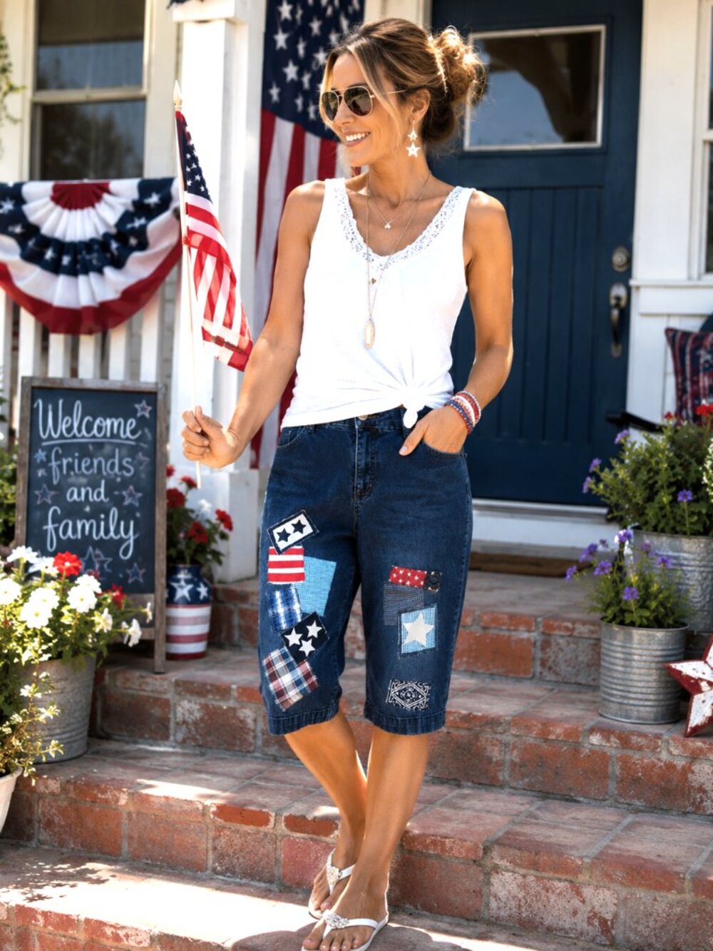 Upcycled Patchwork Capris Shorts 4th of July Patriotic Jeans Women’s Size 16